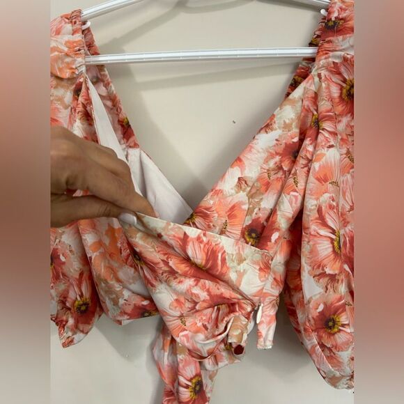 NWT Express Satin Floral Print Faux Wrap Tie Back Cropped Top - Picture 7 of 11
